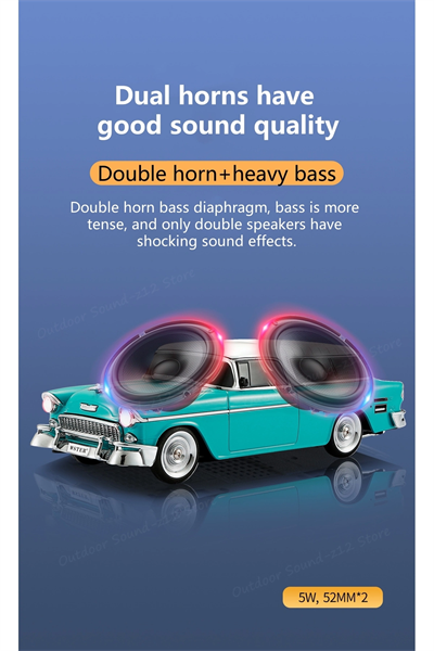 Bluetooth özellikli nostaljik araba tasarımlı hoparlör 10W FM radyo SD kart USB turkuaz