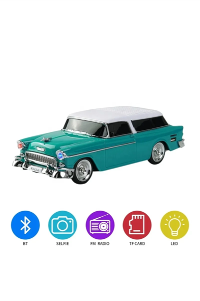 Bluetooth özellikli nostaljik araba tasarımlı hoparlör 10W FM radyo SD kart USB turkuaz
