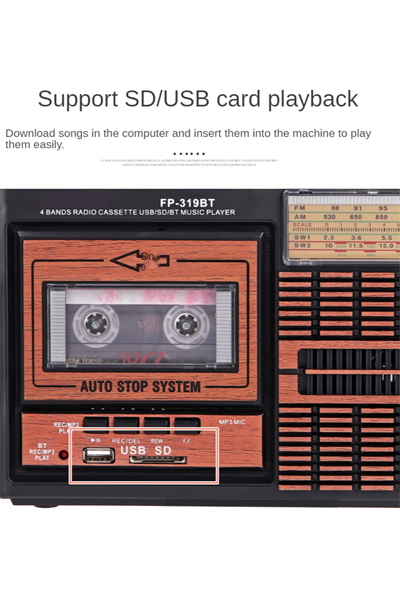 Bluetooth özellikli nostaljik radyo USB kart FM radyo kaset çalar bordo 2 yıl garantili