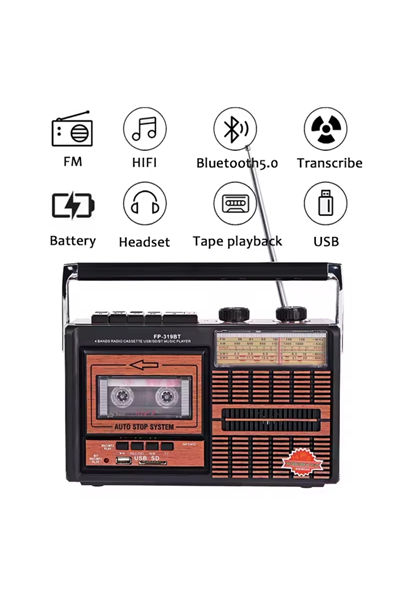 Bluetooth özellikli nostaljik radyo USB kart FM radyo kaset çalar bordo 2 yıl garantili