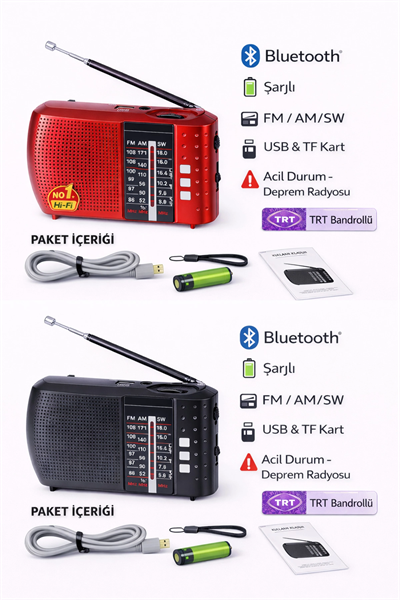 Bluetooth özellikli siyah nostaljik radyo FM AM SW USB TF kart destekli 2 yıl garantili