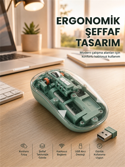 Bluetooth ve 2.4G USB Destekli Pilli Kablosuz Şeffaf Mouse Yeni Nesil