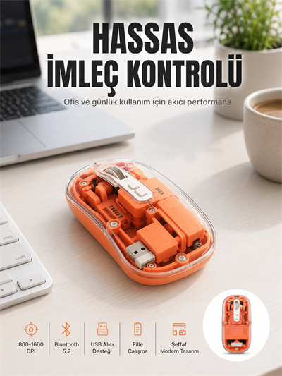 Bluetooth ve USB Destekli Kablosuz Şeffaf Mouse Sessiz Kullanım Yeni Nesil