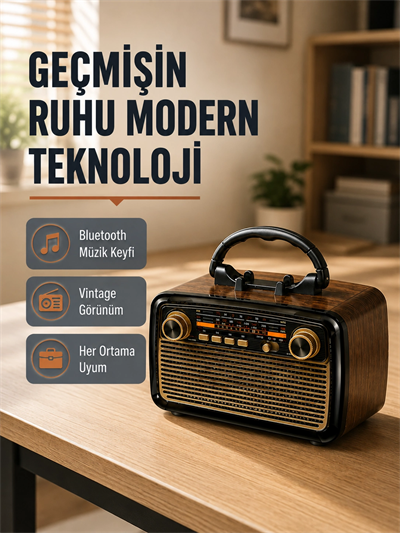 Bluetooth’lu LED Işıklı Nostaljik Müzik Kutusu – Ahşap Dokulu, Vintage Tasarım ve Yüksek Ses Kalitesi