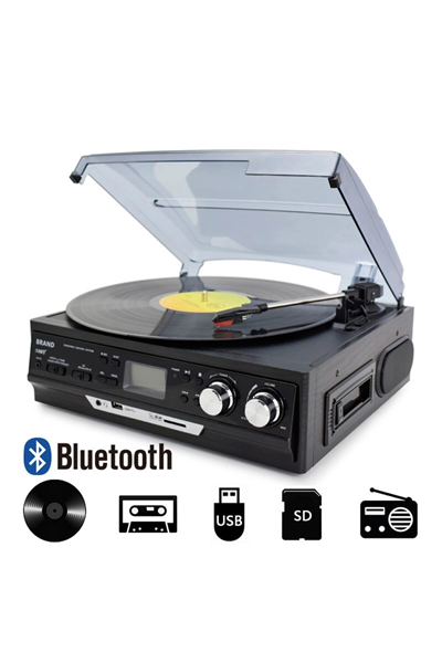 Bluetoothlu kumandalı hoparlörlü pikap radyo kaset usb mp3 çalar siyah 2 yıl garantili