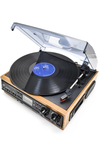 Bluetoothlu kumandalı hoparlörlü pikap radyo kaset usb mp3 çalar kahverengi 2 yıl garantili