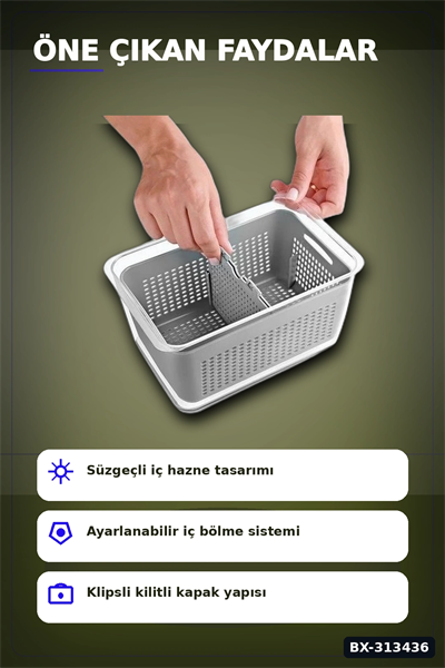 Bölmeli Süzgeçli 3 Parça Buzdolabı Organizer Seti 2.5-5-9 Litre Kilitli Kapak BX-313436