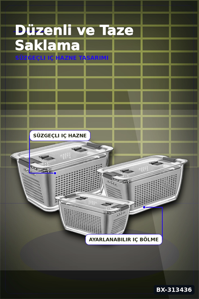 Bölmeli Süzgeçli 3 Parça Buzdolabı Organizer Seti 2.5-5-9 Litre Kilitli Kapak BX-313436