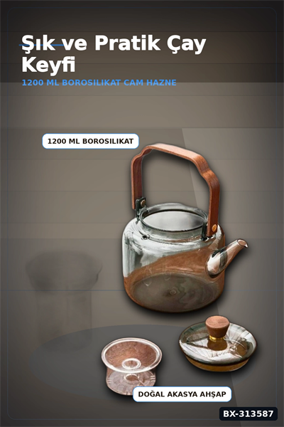 Borosilikat Cam Demlik 1200 Ml Akasya Saplı Süzgeçli Bulaşık Makinesinde Yıkanabilir BX-313587