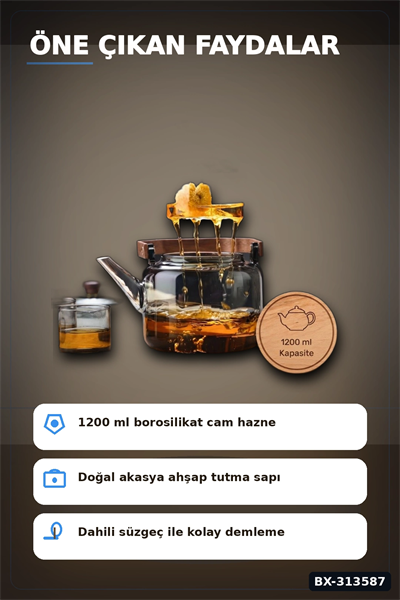 Borosilikat Cam Demlik 1200 Ml Akasya Saplı Süzgeçli Bulaşık Makinesinde Yıkanabilir BX-313587