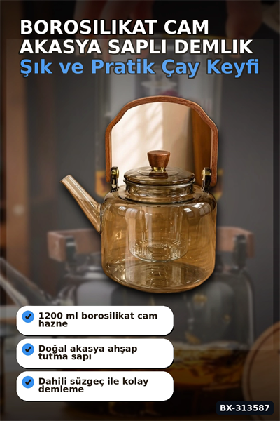 Borosilikat Cam Demlik 1200 Ml Akasya Saplı Süzgeçli Bulaşık Makinesinde Yıkanabilir BX-313587