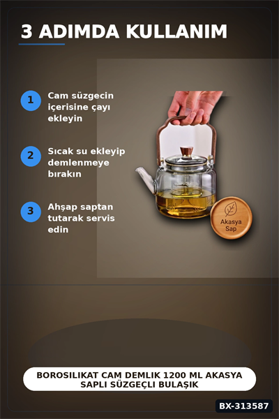 Borosilikat Cam Demlik 1200 Ml Akasya Saplı Süzgeçli Bulaşık Makinesinde Yıkanabilir BX-313587
