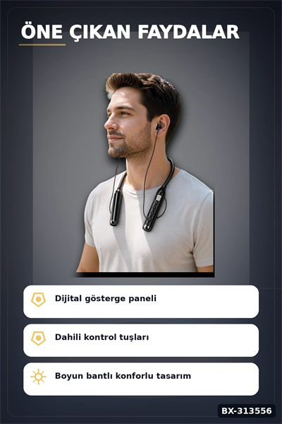 Boyun Bantlı 600 Saat Müzik Süreli Bluetooth V4.0 Kulaklık - Mikrofonlu Ses Kontrollü BX-313556