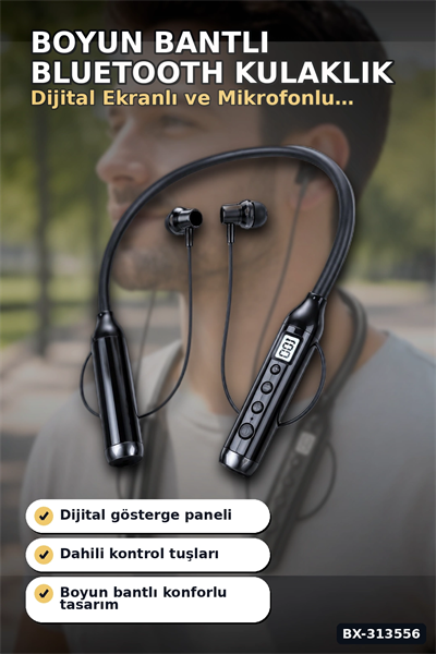 Boyun Bantlı 600 Saat Müzik Süreli Bluetooth V4.0 Kulaklık - Mikrofonlu Ses Kontrollü BX-313556