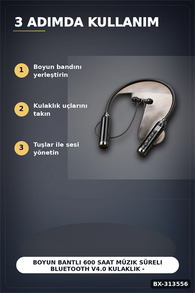 Boyun Bantlı 600 Saat Müzik Süreli Bluetooth V4.0 Kulaklık - Mikrofonlu Ses Kontrollü BX-313556