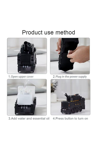 Buhar Efektli Zırhlı Tren Tasarımlı Aromaterapi Hava Nemlendirici – LED Işıklı, Sessiz ve USB Şarjlı