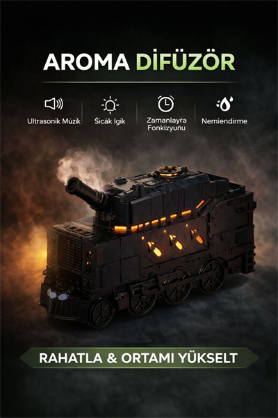 Buhar Efektli Zırhlı Tren Tasarımlı Aromaterapi Hava Nemlendirici – LED Işıklı, Sessiz ve USB Şarjlı