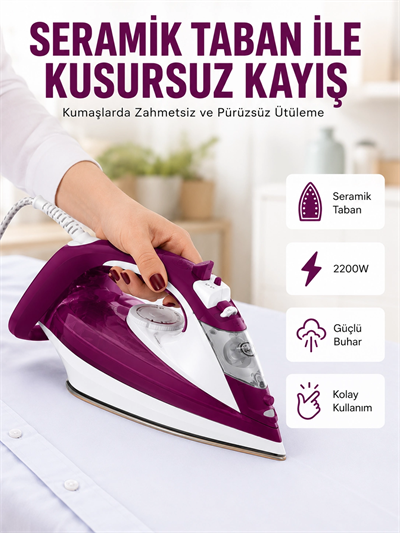 Buharlı Kablolu Ütü 2200 Watt Kireçlenme Önleyici Şok Buharlı Yeni Nesil