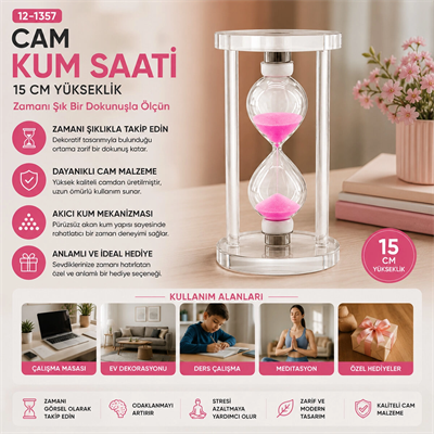 Büyük Cam Kum Saati Cam Standlı= Çap: 7.5cm-yükseklik: 15cm Bx40
