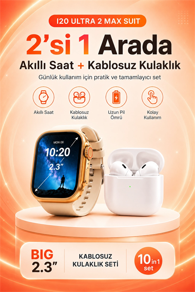 Büyük Ekranlı Akıllı Saat Kablosuz Kulaklık Ve Çoklu Aksesuar İçeren Set
