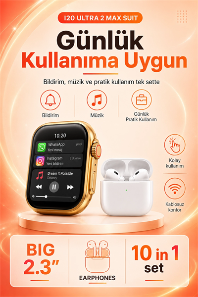 Büyük Ekranlı Akıllı Saat Kablosuz Kulaklık Ve Çoklu Aksesuar İçeren Set