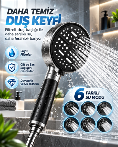 Büyük Panelli 6 Farklı Su Modlu Filtreli Duş Başlığı Siyah Metalik Tasarım
