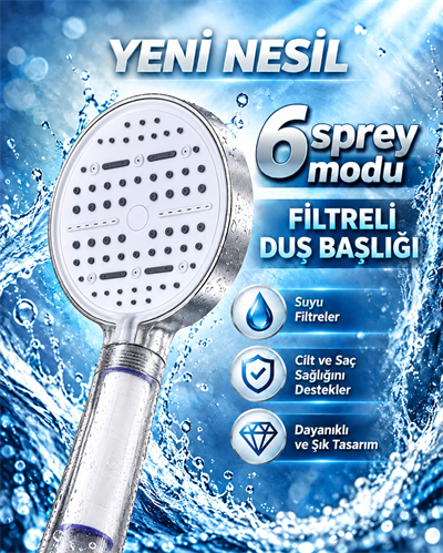 Büyük Panelli 6 Farklı Su Modlu Filtreli Duş Başlığı Beyaz Tasarım