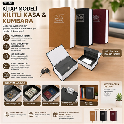 Büyük=180x115x55mm Kitap Modeli Kilitli Kasa - Kumbara Renkli Bx40