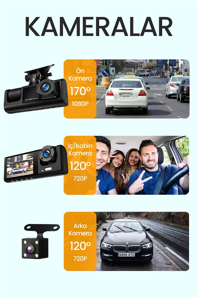 C309 Tipi 3 Kameralı LCD Ekran Araç Kamerası Hareket Sensörlü Gece Görüşlü G Sensörlü