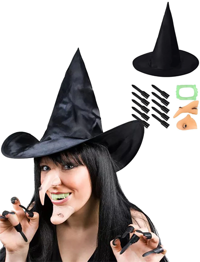 Cadı Kostüm Seti - Cadı Şapkası, Cadı Tırnakları, Cadı Burnu, Cadı Çenesi, Cadı Dişi