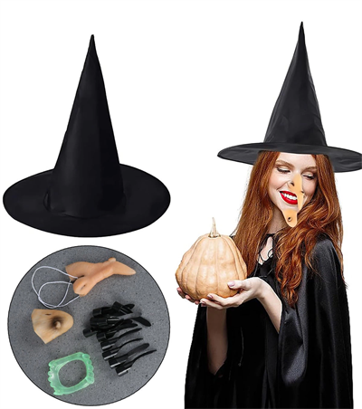 Cadı Kostüm Seti - Cadı Şapkası, Cadı Tırnakları, Cadı Burnu, Cadı Çenesi, Cadı Dişi