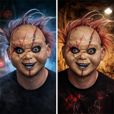 Çaki Korku Bebek Maskesi – Saçlı Plastik Yüz Maskesi