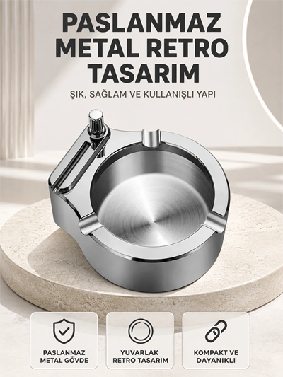 Çakmaklı Küllük Paslanmaz Metal Yuvarlak Tasarım
