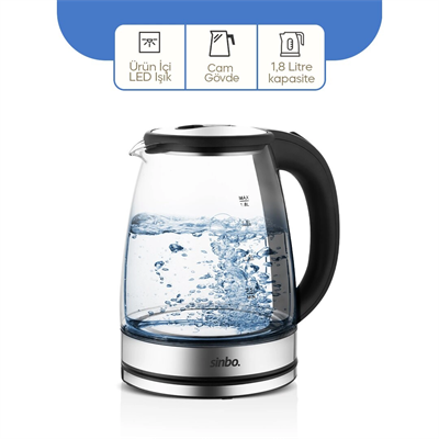 Cam - Ledli Kettle 1.8lt  Gizli Rezistans - Kablosuz 360 Derece Gövde 1500w Sk-8033 Bx40