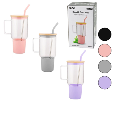 Cam 1000ml Matara - Suluk Bambu Kapak - Sızdırmaz Silikonlu Çelik Pipet Koruyucu Silikon Altlık - Kılıf Bx40