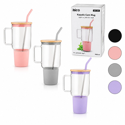 Cam 1000ml Matara - Suluk Bambu Kapak - Sızdırmaz Silikonlu Çelik Pipet Koruyucu Silikon Altlık - Kılıf Bx40