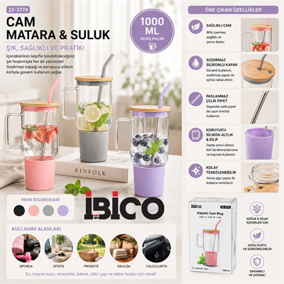 Cam 1000ml Matara - Suluk Bambu Kapak - Sızdırmaz Silikonlu Çelik Pipet Koruyucu Silikon Altlık - Kılıf Bx40