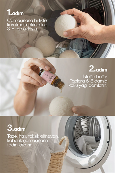 Çamaşır Yün Kurutma Topu ve Koku Seti - Kurutma Makinesi İçin - 3 Adet Top