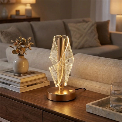 Çapraz Kavisli Ters Kristal Simli Led Masa Lambası – Gold Gövdeli, Dokunmatik, 3 Kademe Işık Ayarlı Şarjlı Dekoratif Lamba Bx40
