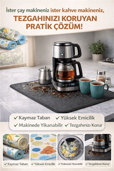 Çay Matı Çay Makinesi % 100 Mikrofiber Altlığı Su Emici Tezgah Koruyucu Kurulama Matı