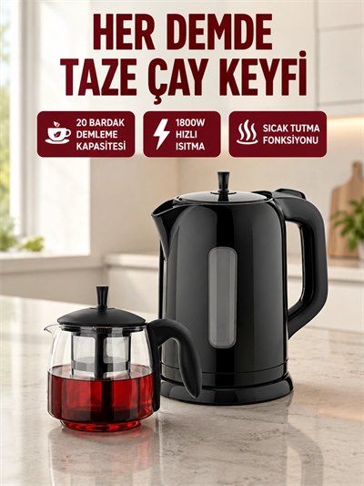 Çaycı Cam Demlikli 1800W Güçlü ve Sıcak Tutmalı Elektrikli Çay Makinesi