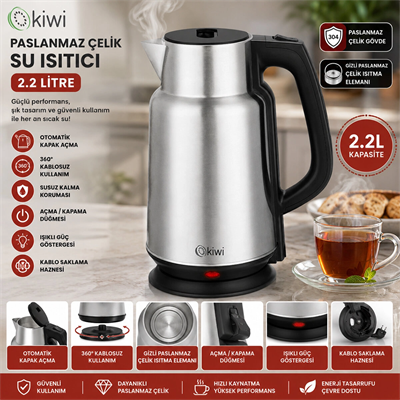 Çelik - Sürahi Model Kettle Elektrikli Su Isıtıcısı Paslanmaz Çelik Gizli Rezistans 360° 2.2lt 1500w Kk-3334 Bx40