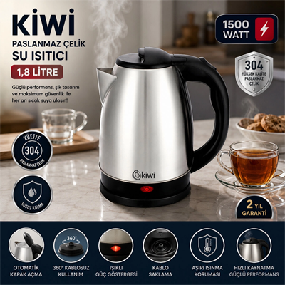 Çelik Kettle Elektrikli Su Isıtıcısı Paslanmaz Çelik Gizli Rezistans 360° 1.8lt 1500w Kk-3331 Bx40