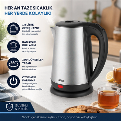 Çelik Kettle Su Isıtıcısı Kablosuz Kullanım 1.8lt 360 Derece Dönebilme Otomatik Kapanma Sk-8026 Bx40