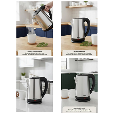 Çelik Kettle Su Isıtıcısı Kablosuz Kullanım 1.8lt 360 Derece Dönebilme Otomatik Kapanma Sk-8026 Bx40