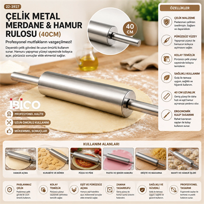 Çelik Metal Merdane - Hamur Rulosu 40cm Bx40