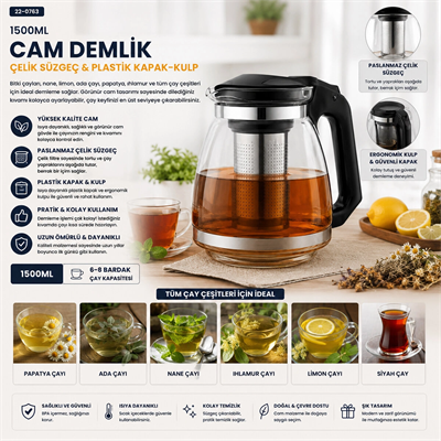 Çelik Süzgeçli Cam Demlik 1500ml Bx40