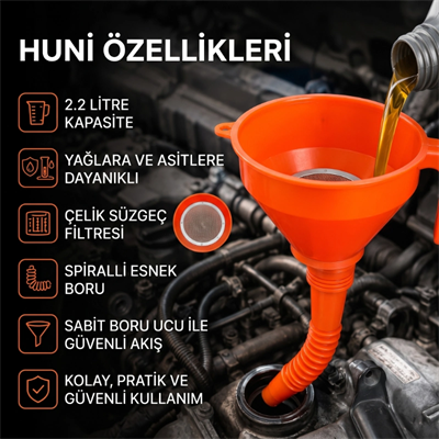 Çelik Süzgeçli Huni - Spiralli ve Sabit Borulu - 2.2 Litre Kapasite