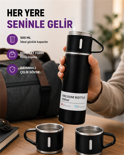 Çelik Termos Bardak Seti | 500 ml Kapasite, Kaymaz Taban, Hediye Kutulu