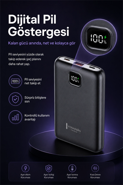 Cep Telefonu Uyumlu 10000 mAh Dijital Göstergeli Hızlı Şarj Powerbank